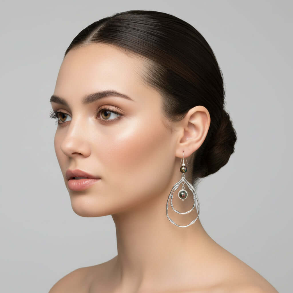 Silver Hoop Earrings - Shiny Beaded 3 Inch Statement Dangle Earrings