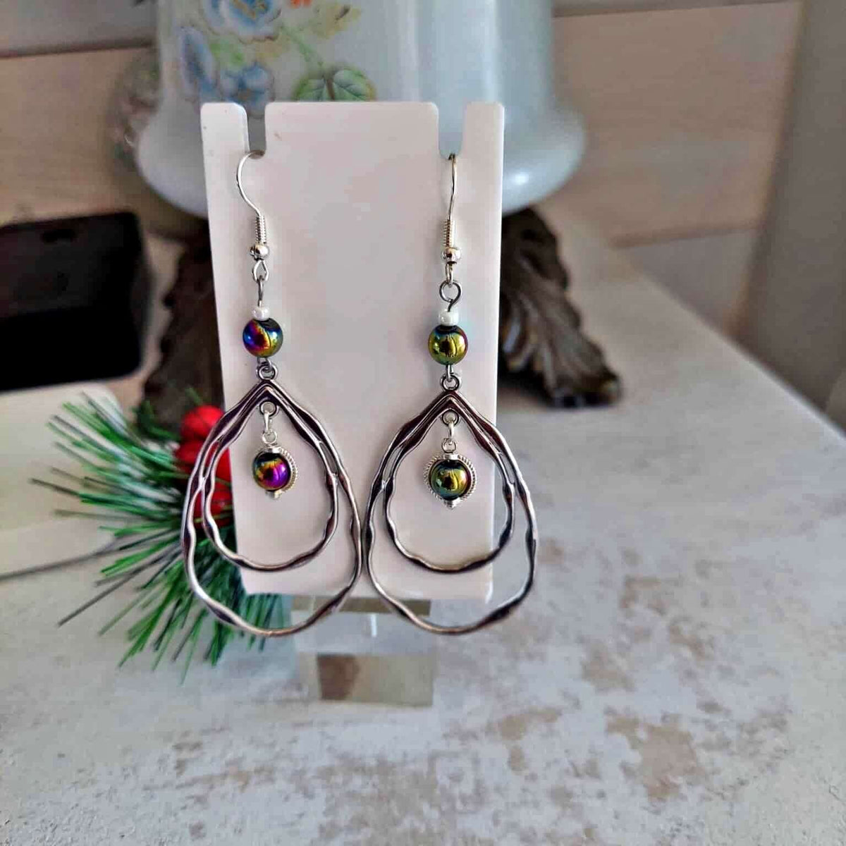 Silver Hoop Earrings - Shiny Beaded 3 Inch Statement Dangle Earrings