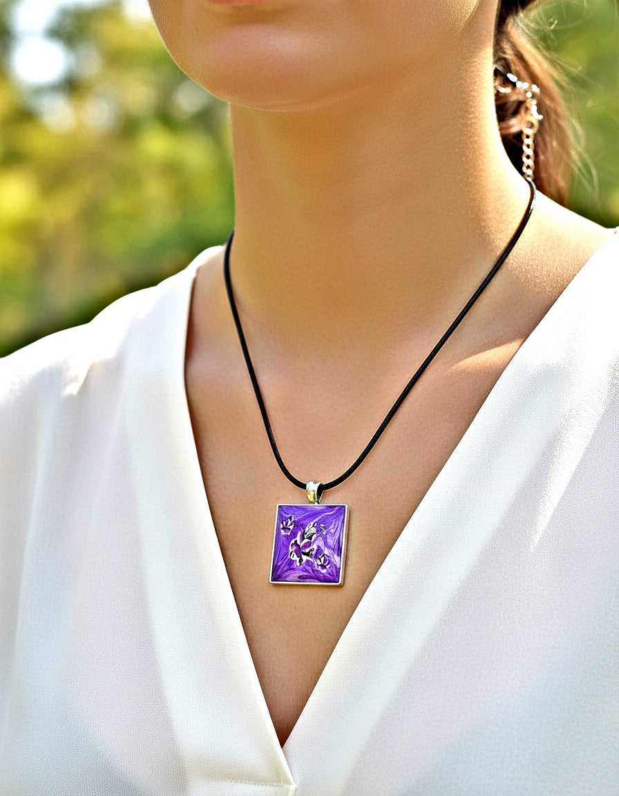 Handcrafted Clay resin purple pendant necklace 18inches