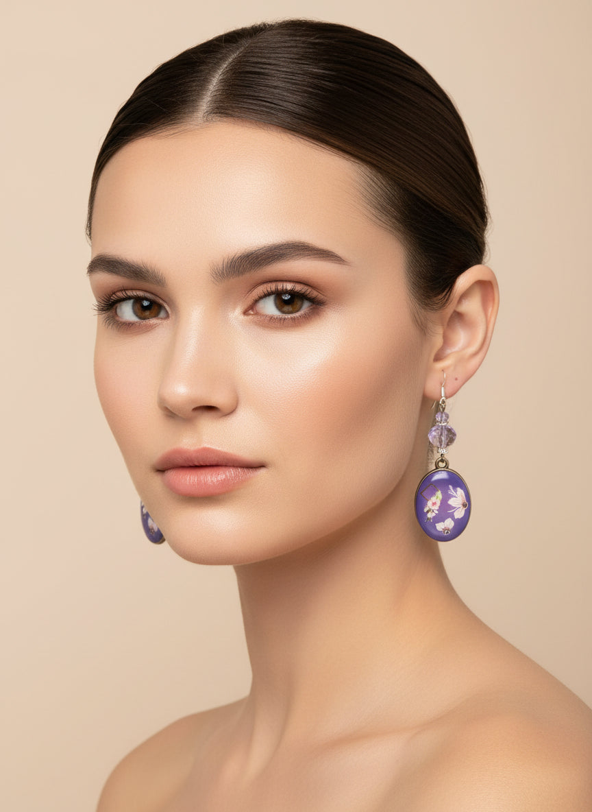 Purple Flower Resincrete Earrings - Lavender Crystal Silver Plated Dangle Earrings