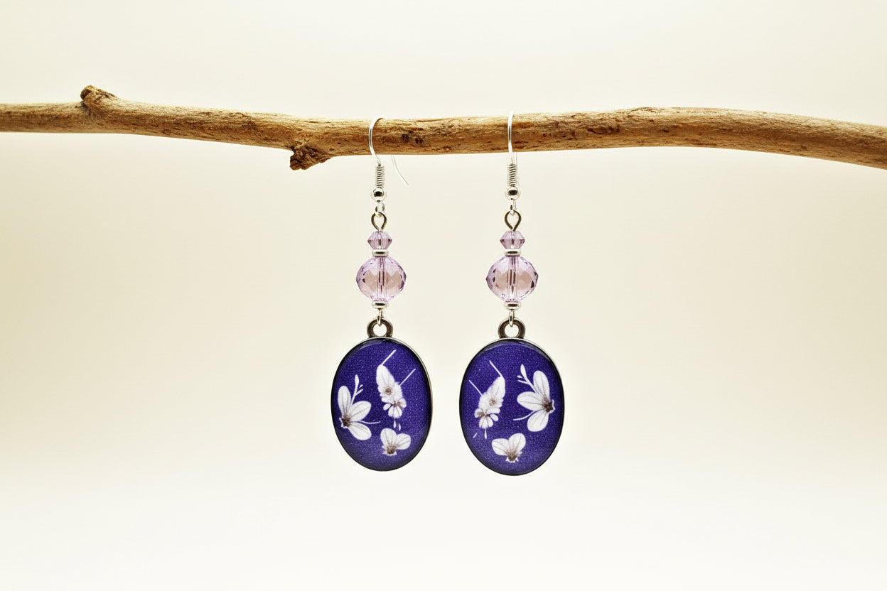 Purple Flower Resincrete Earrings - Lavender Crystal Silver Plated Dangle Earrings