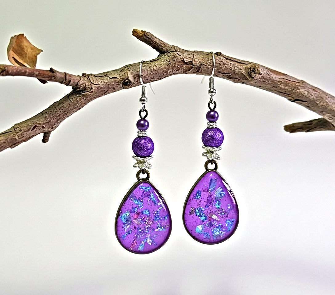 Purple Resin Earrings - Handcrafted Glass Bead Silver Plated Dangle Earrings