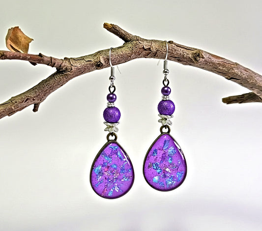 Purple Resin Earrings - Handcrafted Glass Bead Silver Plated Dangle Earrings