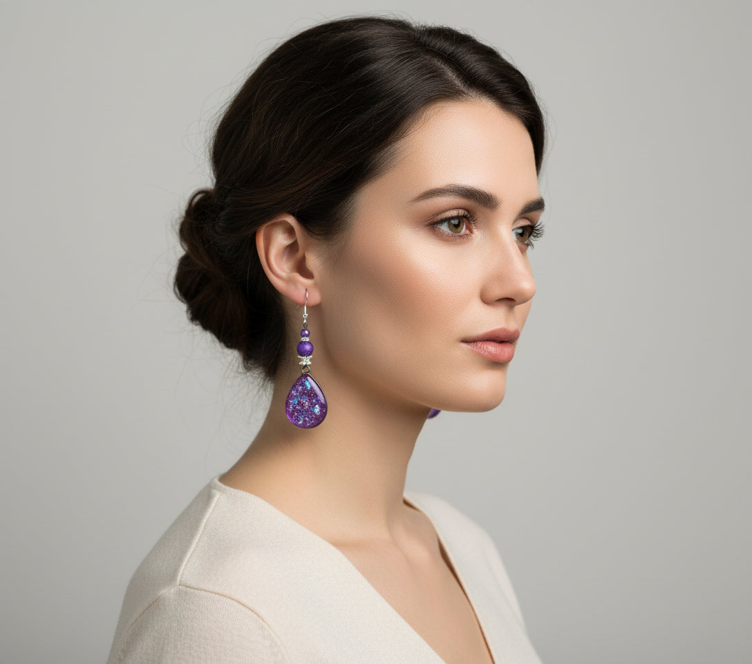Purple Resin Earrings - Handcrafted Glass Bead Silver Plated Dangle Earrings