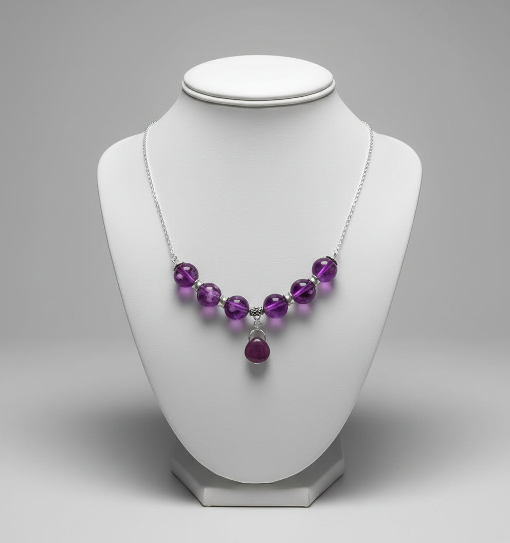 Purple glass bead silver plated chain 20 inches necklace