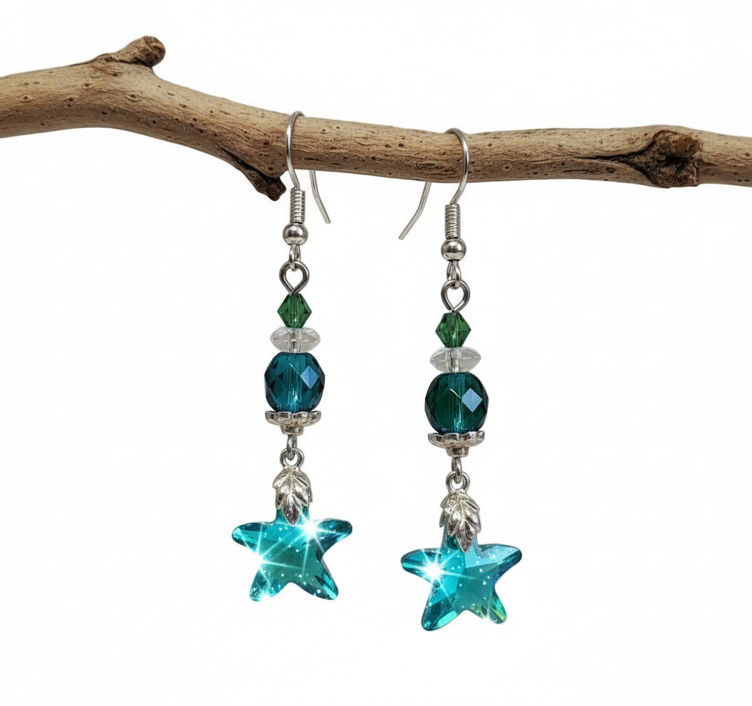 Starfish Earrings - Iridescent Czech Glass Bead Silver Plated Dangle Earrings