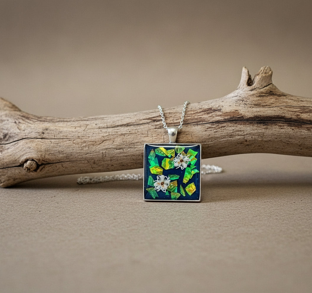Silver square bezel handcrafted iridescent resin gall Necklace