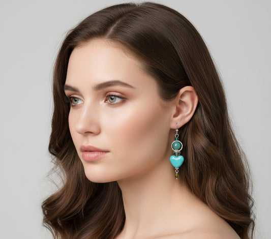 Turquoise ceramic heart silver Earrings 2.5 inches