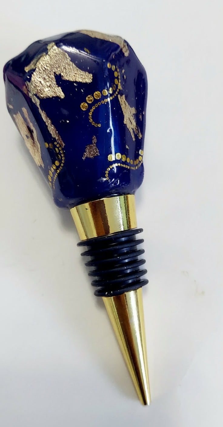Navy blue resin Handcrafted wine stopper Gold accessories