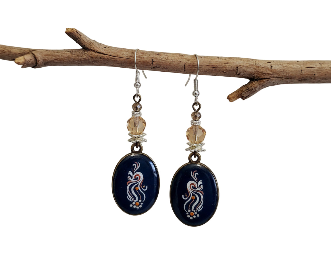 Vintage Champagne Resin Earrings - Bronze Bezel Crystal Dangle Earrings