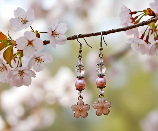 Pink Enamel Flower Earrings - Glass Bead Silver Plated Dangle Earrings