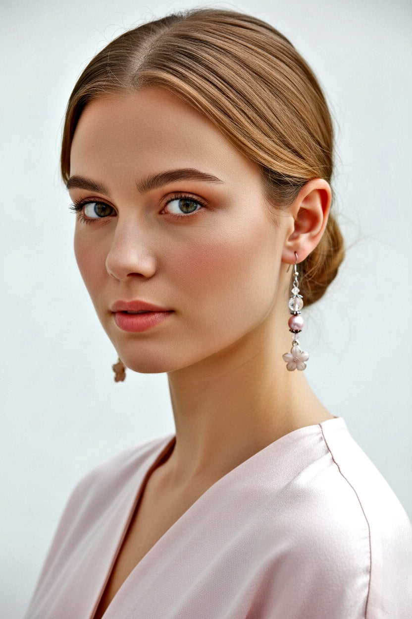 Pink Enamel Flower Earrings - Glass Bead Silver Plated Dangle Earrings