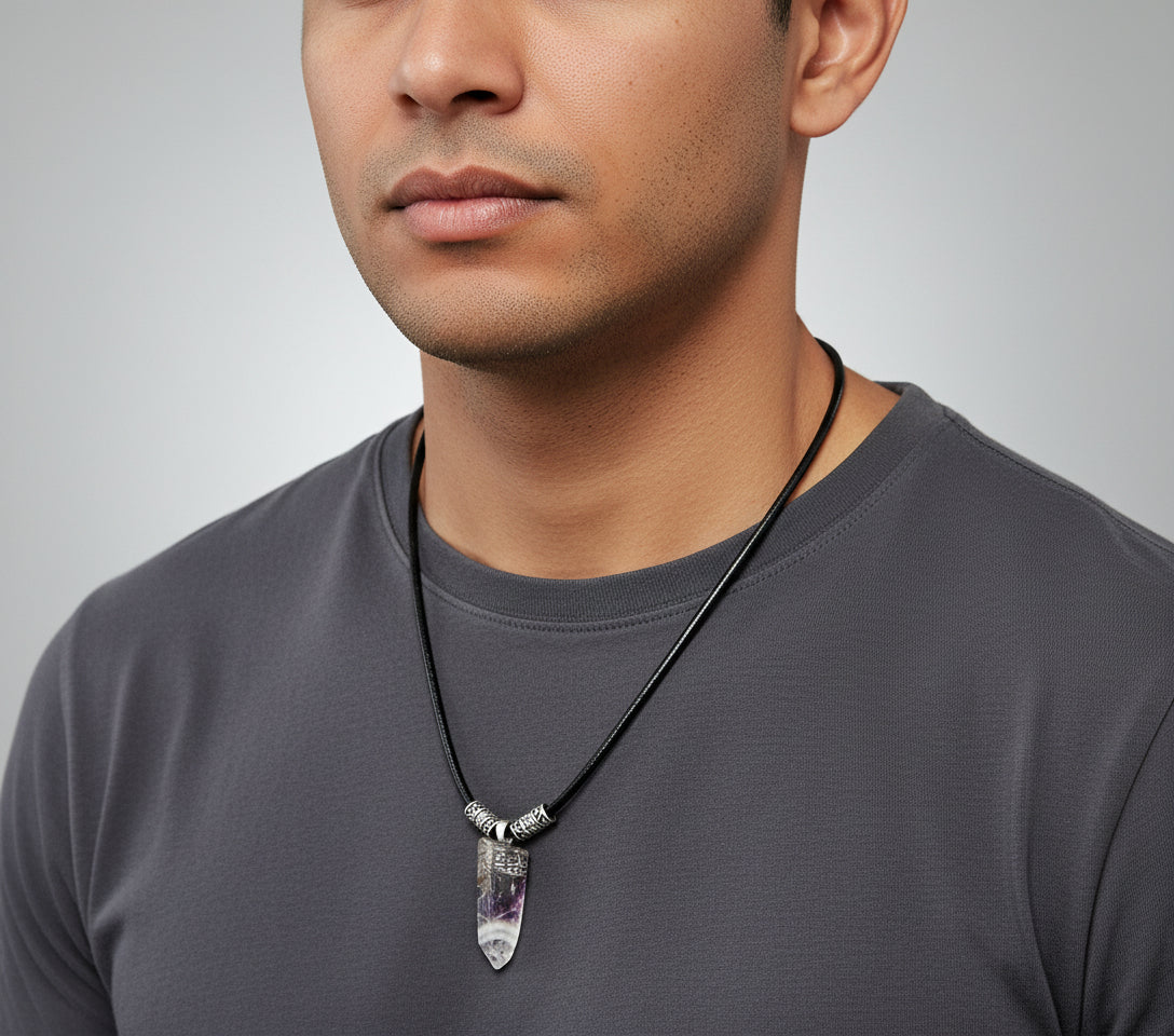 Black leather cord chevron amethyst necklace unisex