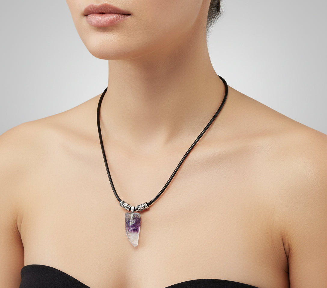 Black leather cord chevron amethyst necklace unisex