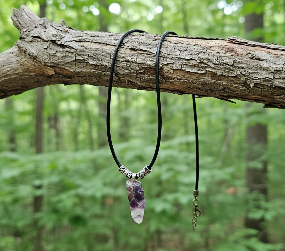 Black leather cord chevron amethyst necklace unisex