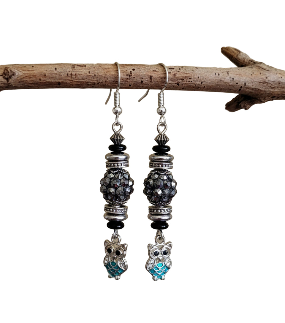 Silver and black beaded Earrings Owl charm blue rhinestones
