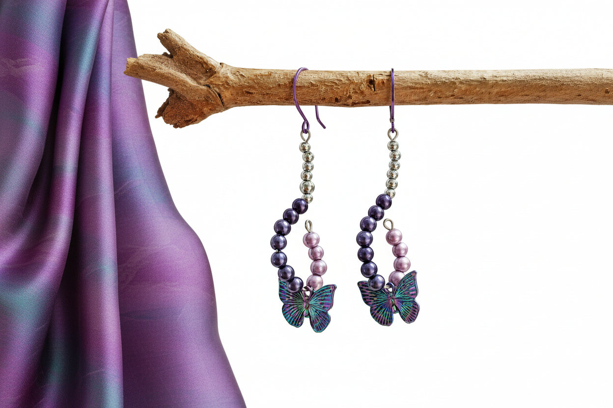 Rainbow Butterfly Earrings - Glass Pearl Dangle Earrings with Ion Plated Charms