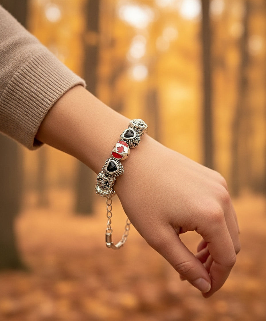 Canadian Maple Leaf Euro Bead Bracelet - Silver with Rhinestones | 6-8"