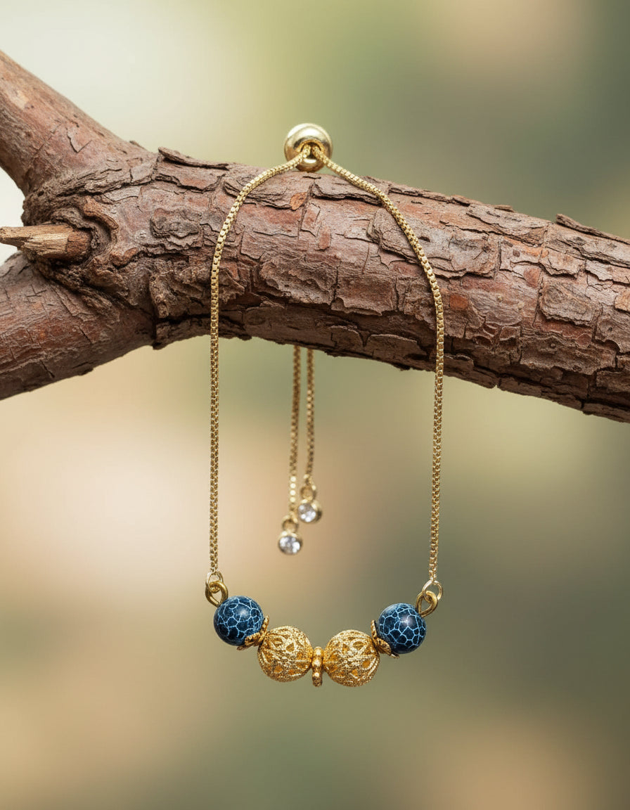 Gold Plated Blue Bead Bracelet - Adjustable Chain Design | Cobalt Blue & Gold