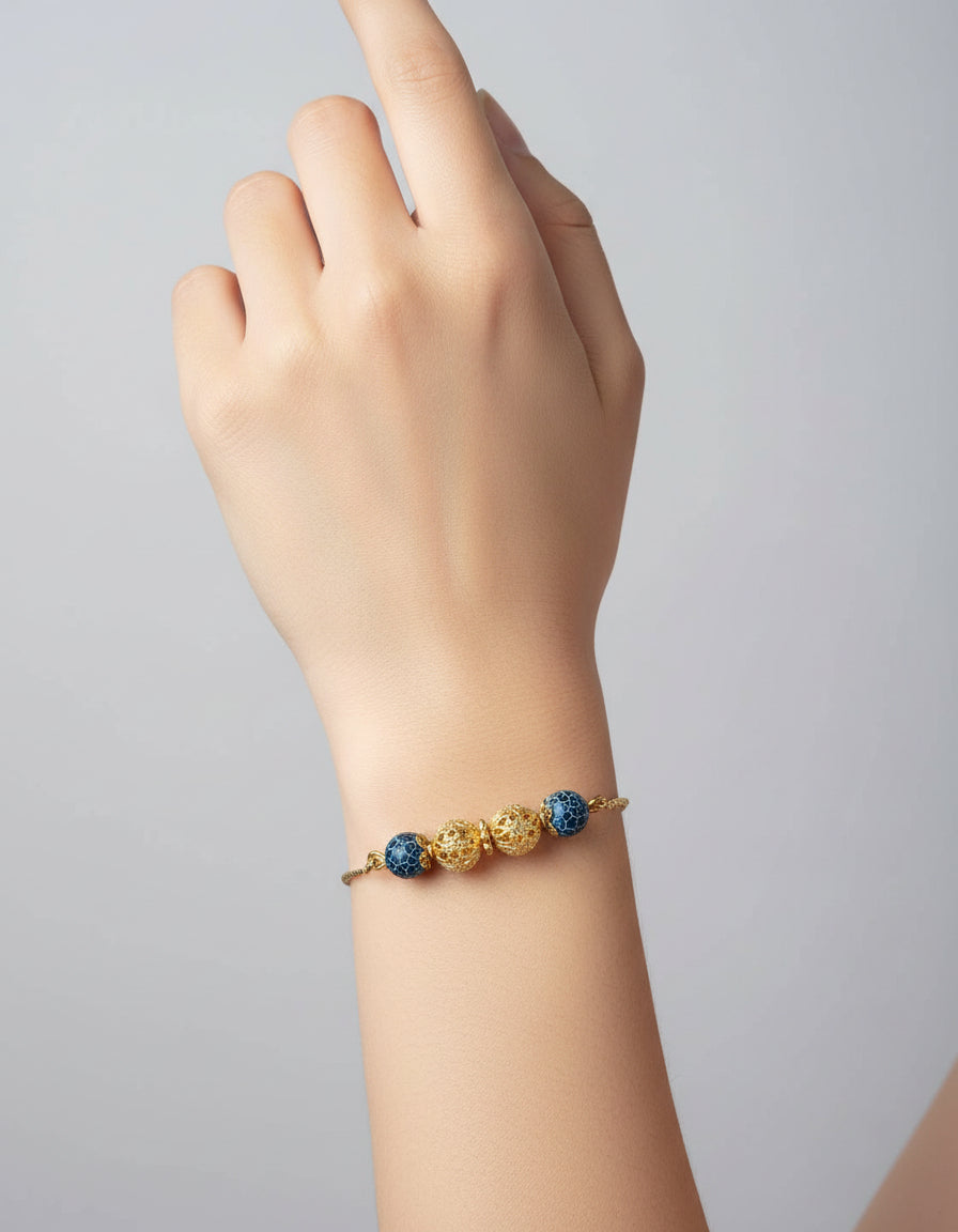 Gold Plated Blue Bead Bracelet - Adjustable Chain Design | Cobalt Blue & Gold