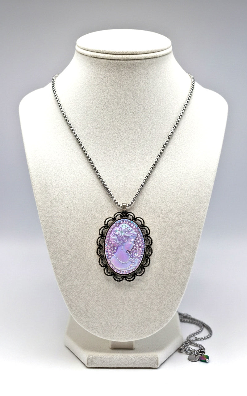 Iridescent Cameo Cabochon titanium silver Cain 23"Necklace