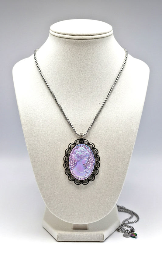 Iridescent Cameo Cabochon titanium silver Cain 23"Necklace