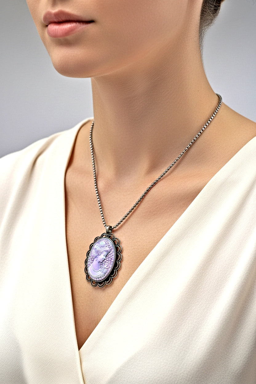 Iridescent Cameo Cabochon titanium silver Cain 23"Necklace