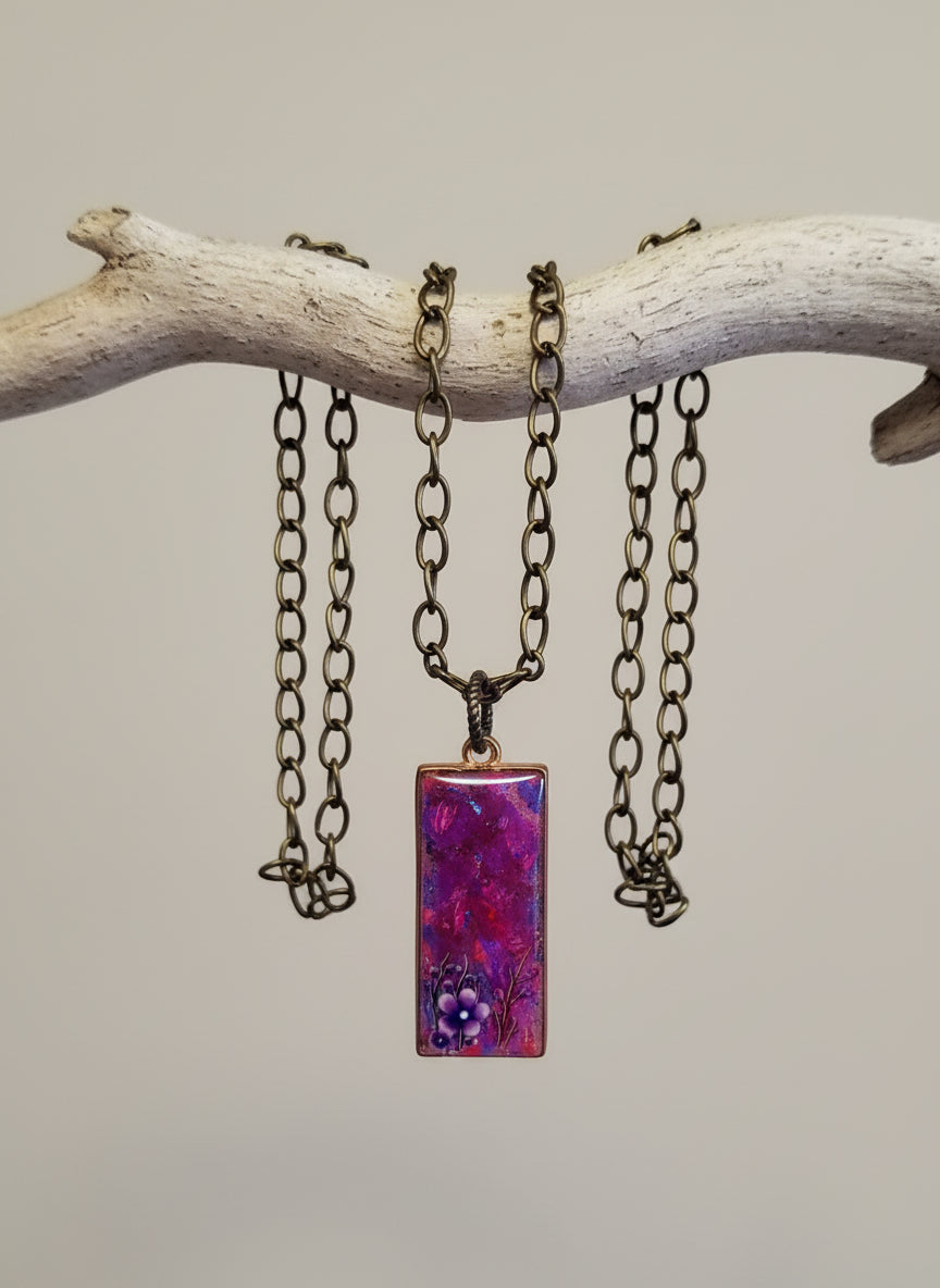 Handcrafted pendant resin flower pink Bronze 32" no clasp