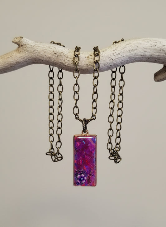 Handcrafted pendant resin flower pink Bronze 32" no clasp