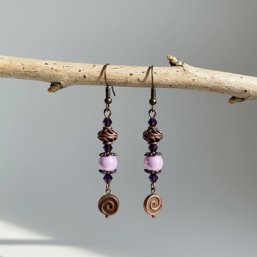 Antique Copper Earrings - Light Purple Glass Bead Vintage Dangle Earrings