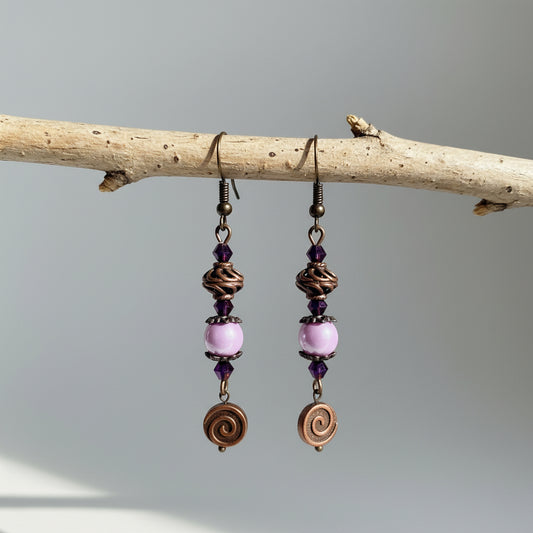 Antique Copper Earrings - Light Purple Glass Bead Vintage Dangle Earrings