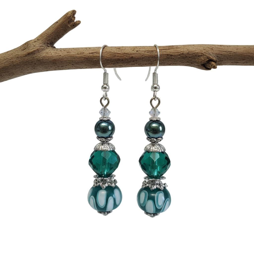Lampwork Glass Earrings - Blue Green White Silver Plated Crystal Dangle Earrings