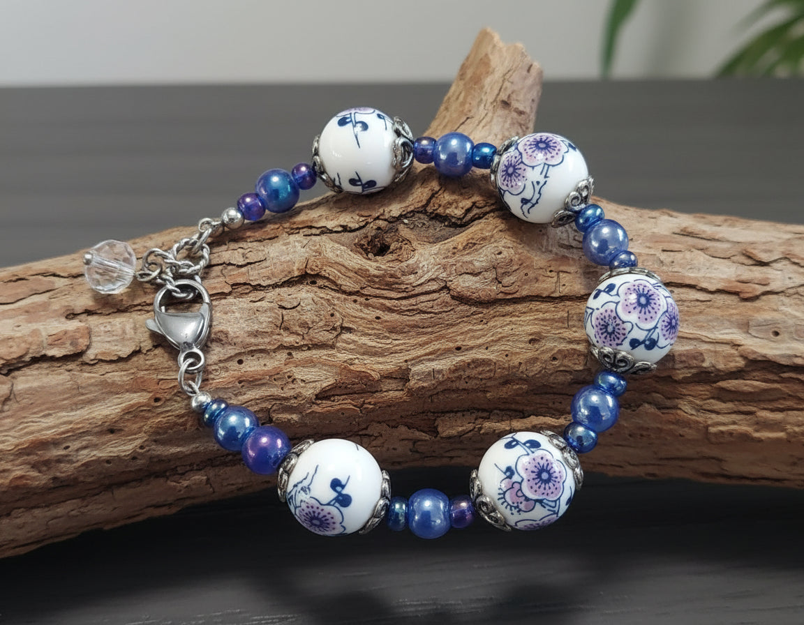 Blue purple Vintage porcelan iridescent glass bead Bracelet