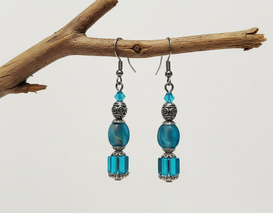 Blue crystal short earrings antique silver