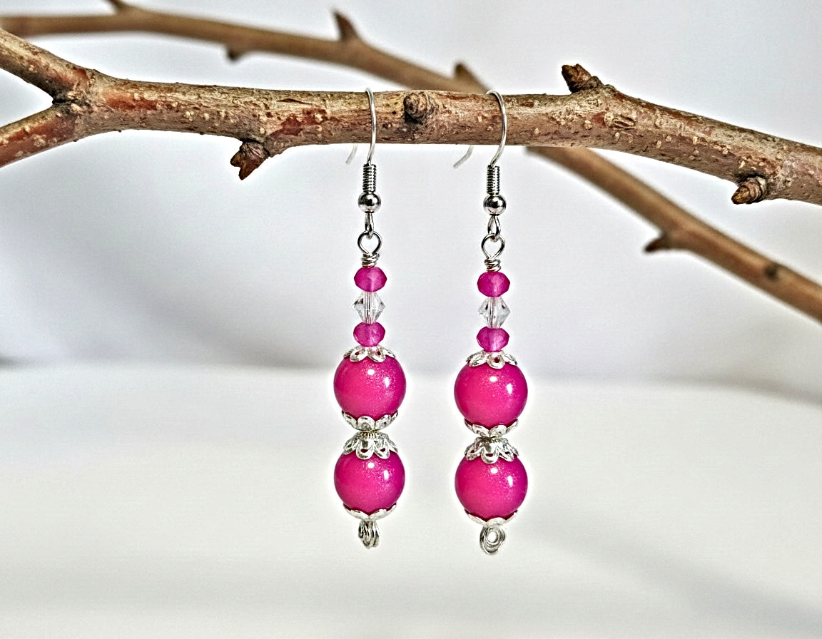 Candy Pink Beaded Earrings - Silver Plated Glass Bead Dangle Earrings