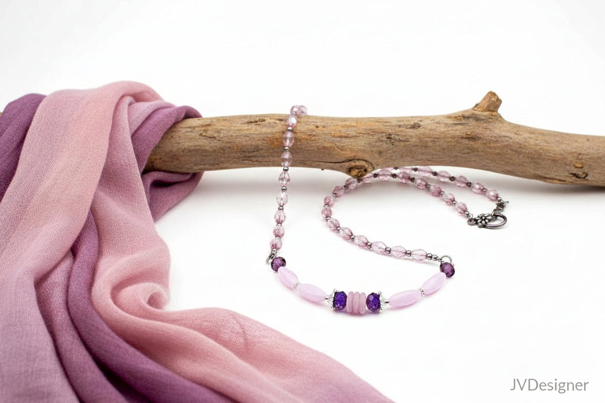 Pink Glass Beaded Necklace - 21" Vintage Toggle Clasp Purple Jewelry