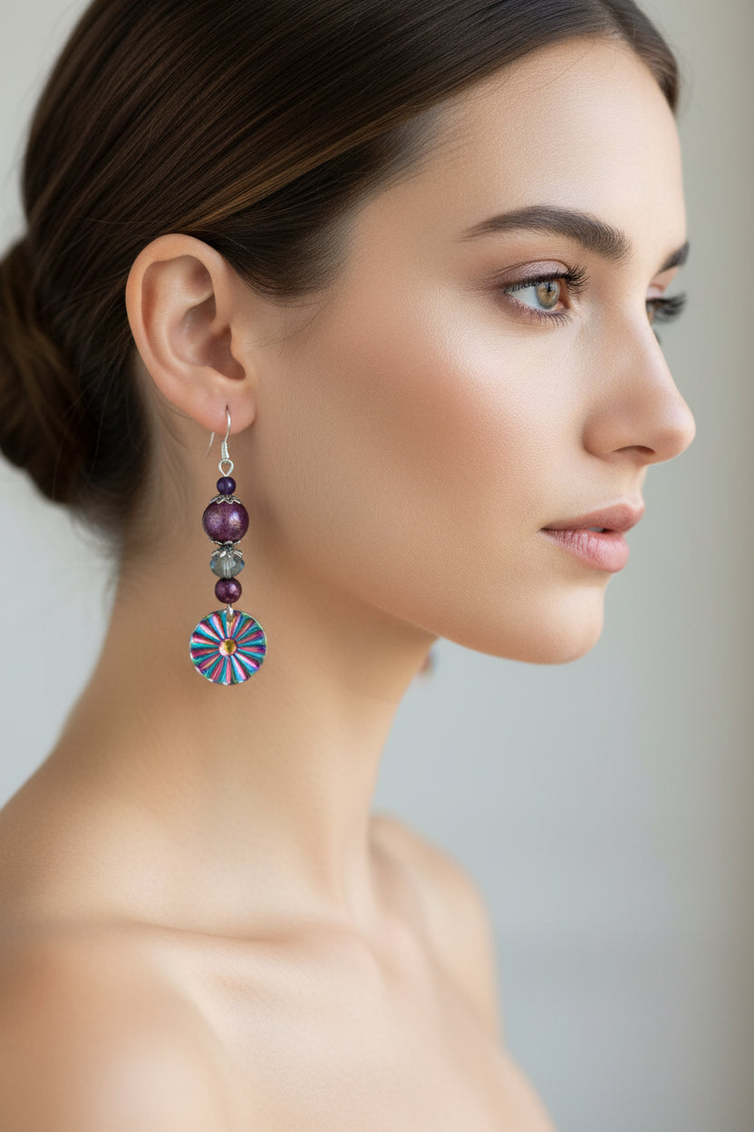 Rainbow Starburst Dangle Earrings - Glass Beads & Purple Hematite
