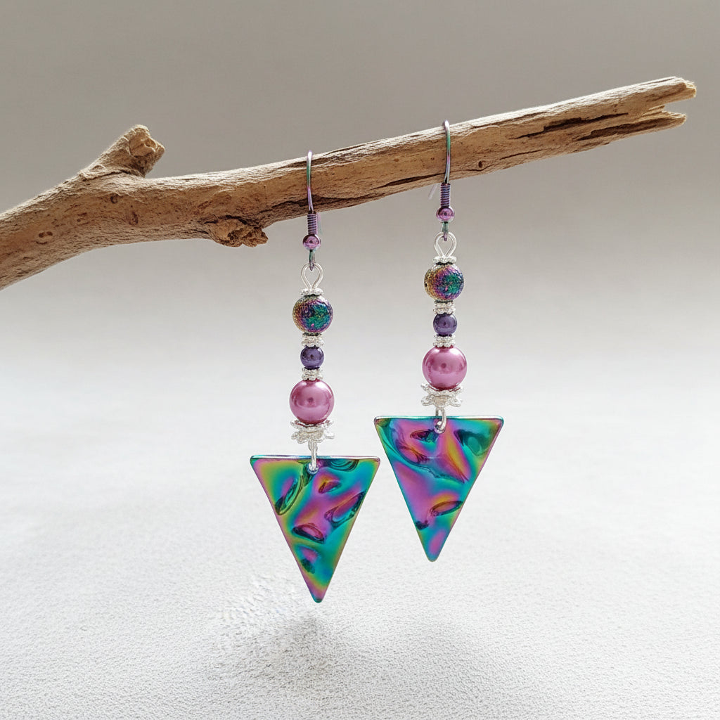 Rainbow Lava Bead Earrings - Handmade Stainless Steel Dangle Earrings 3"