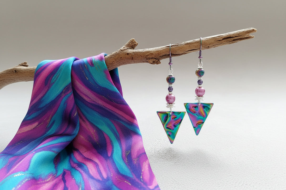 Rainbow Lava Bead Earrings - Handmade Stainless Steel Dangle Earrings 3"