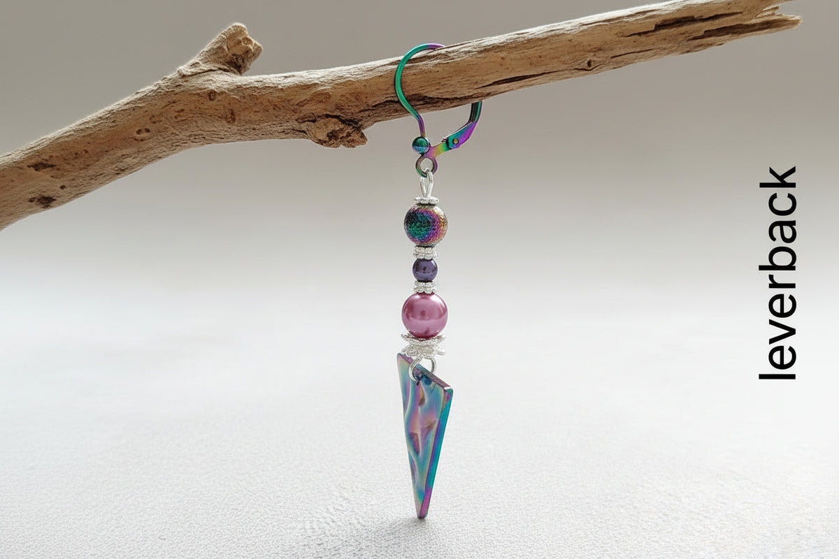 Rainbow Lava Bead Earrings - Handmade Stainless Steel Dangle Earrings 3"