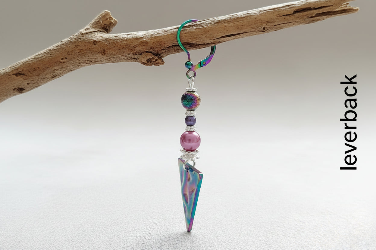 Rainbow Lava Bead Earrings - Handmade Stainless Steel Dangle Earrings 3"