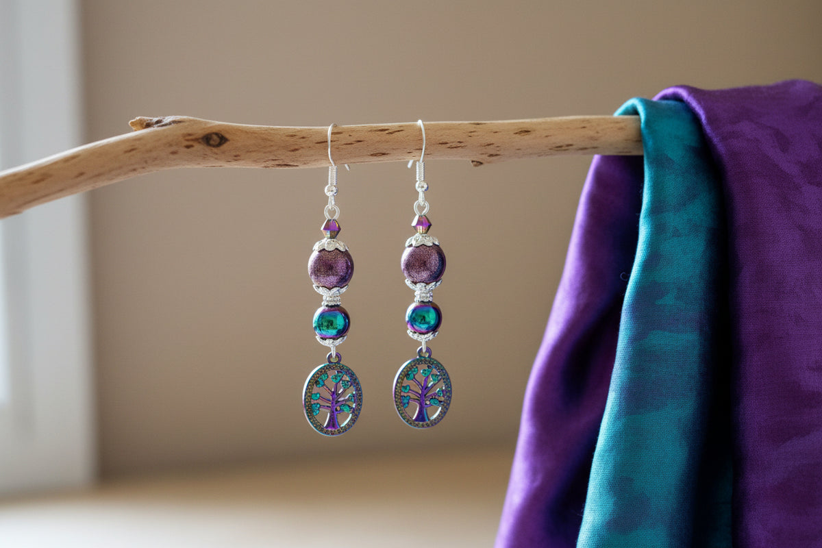 Tree of Life Earrings - Glass Bead Dangle Earrings with Hematite Accents