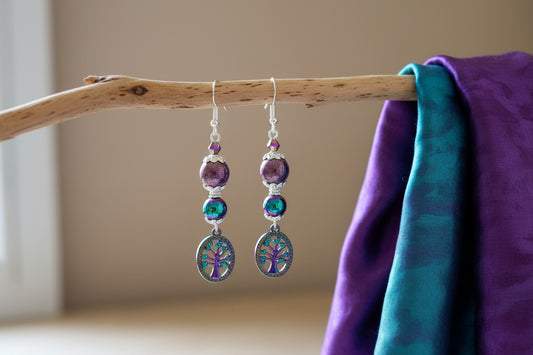 Tree of Life Earrings - Glass Bead Dangle Earrings with Hematite Accents