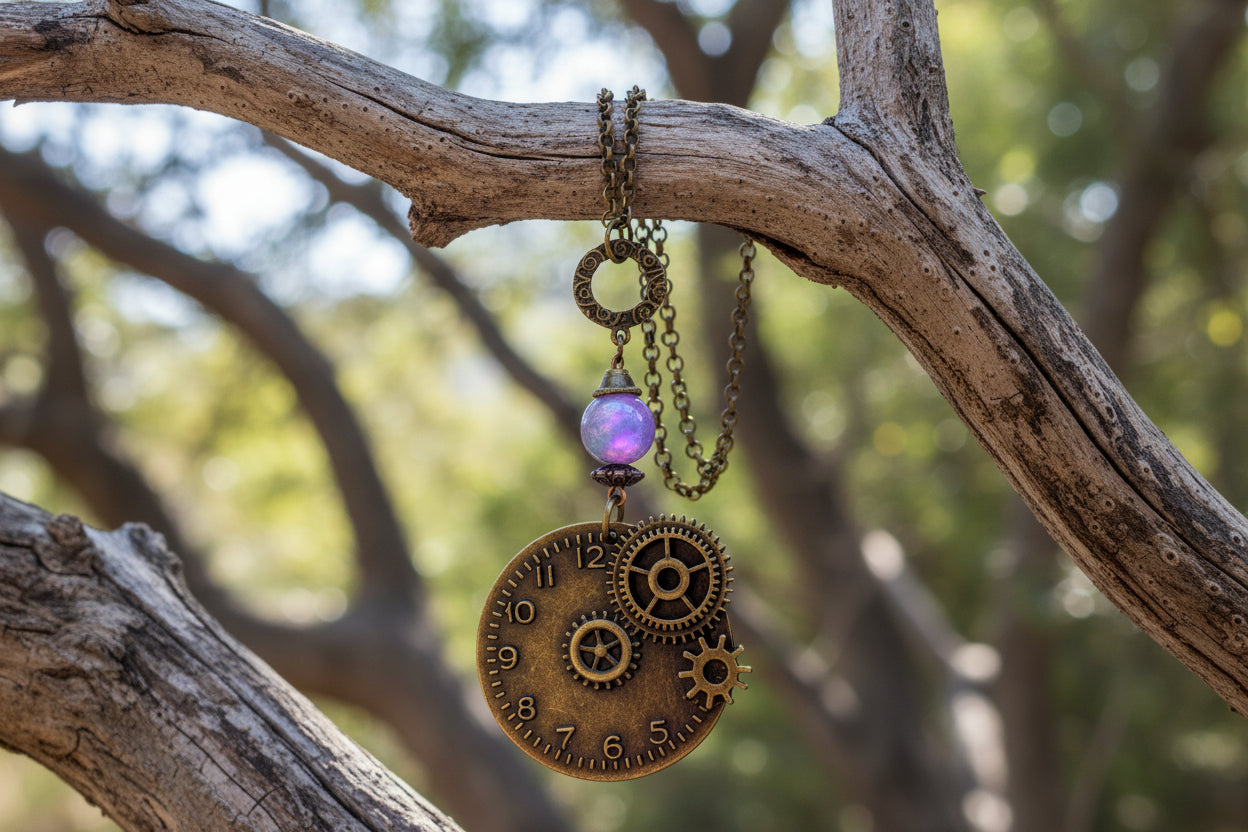 Antique Bronze Clock Necklace - Purple Glass Bead Chain Necklace 26 Inches