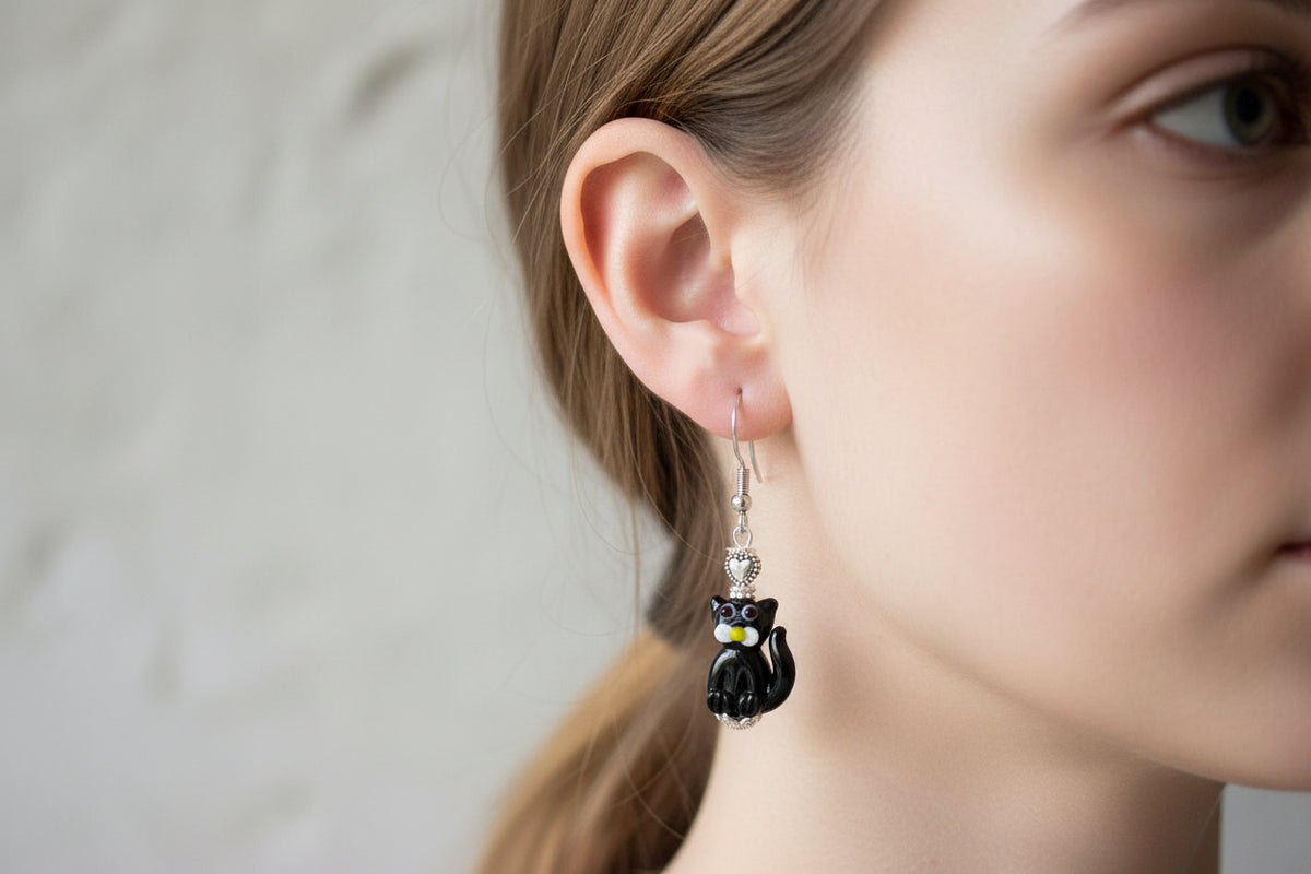 Black Lampwork Cat Earrings - Handmade Glass Bead Earrings