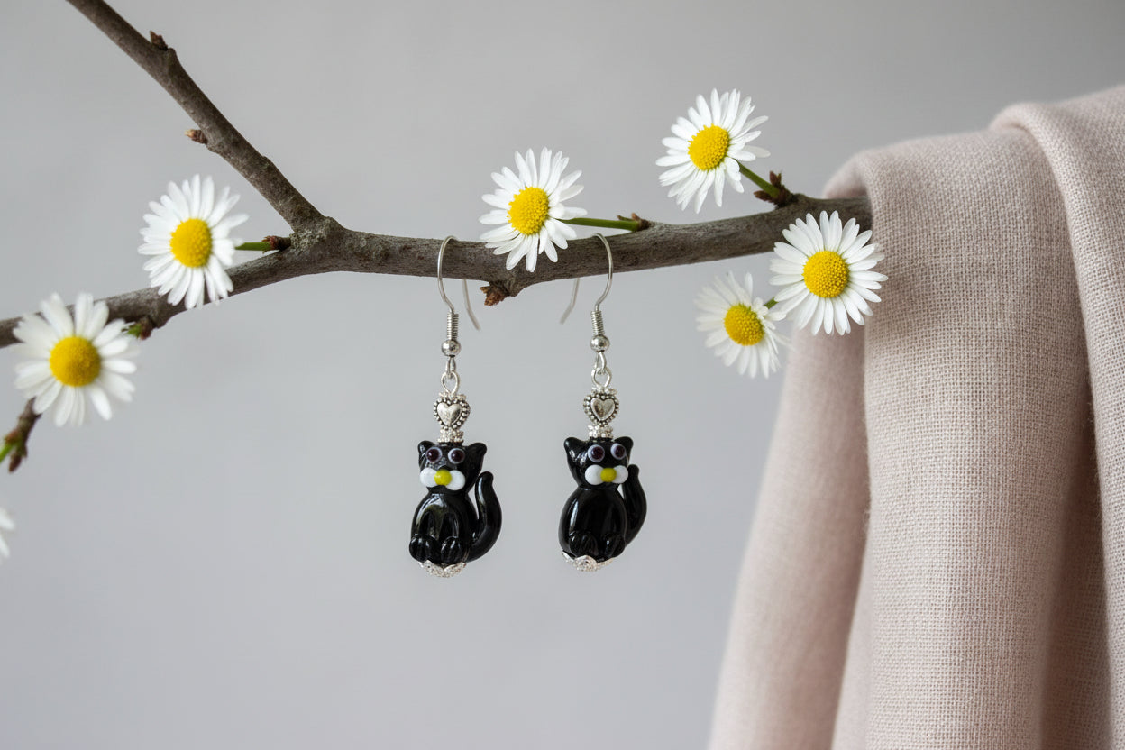 Black Lampwork Cat Earrings - Handmade Glass Bead Earrings