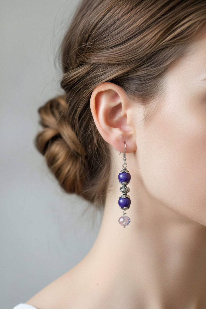 Purple Glass Bead Earrings - Antique Silver Dangle Earrings