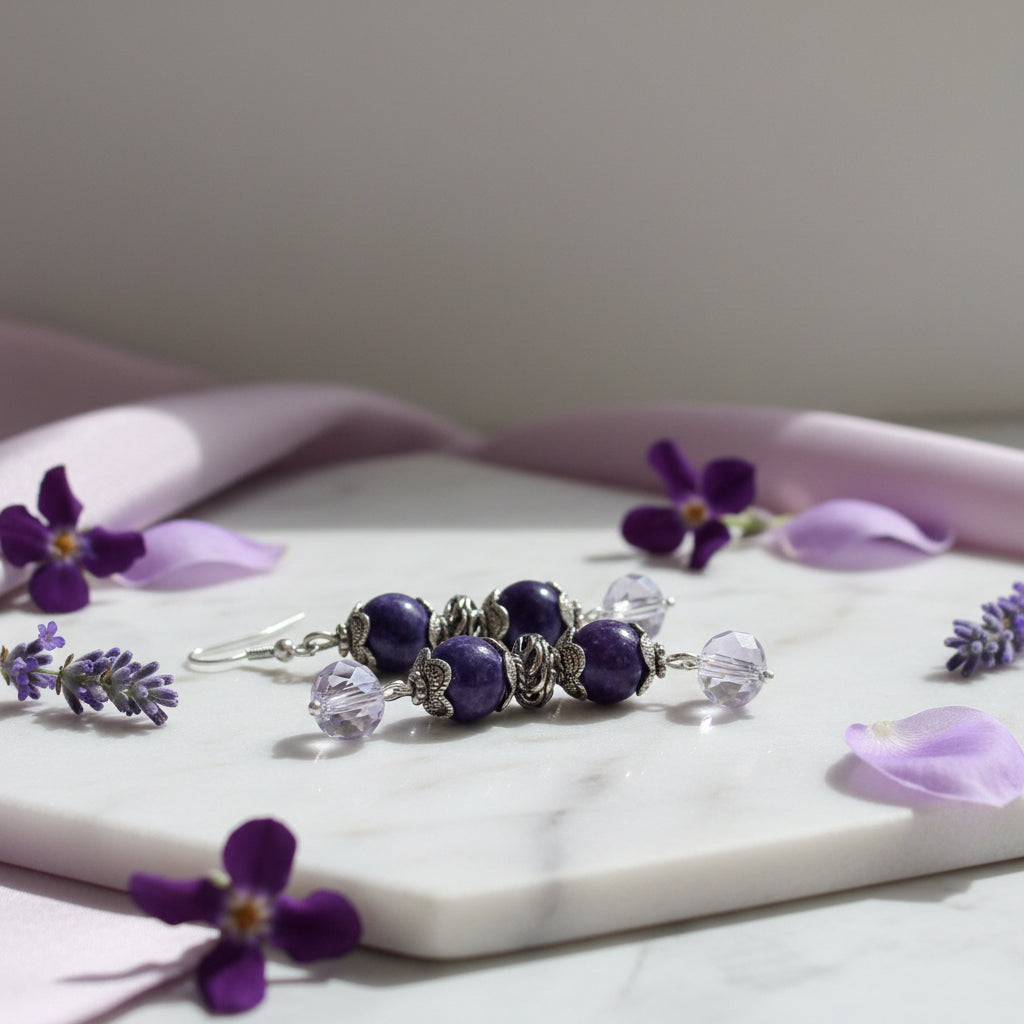 Purple Glass Bead Earrings - Antique Silver Dangle Earrings