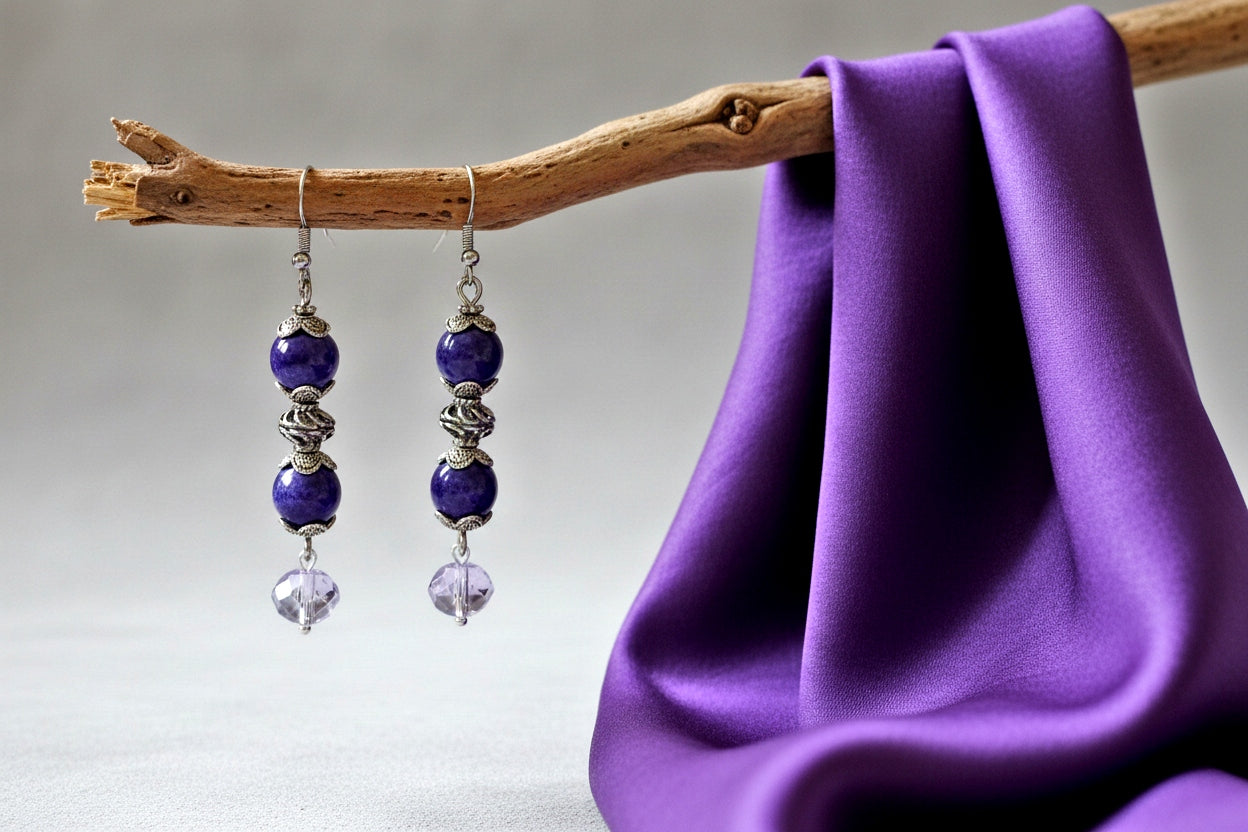 Purple Glass Bead Earrings - Antique Silver Dangle Earrings