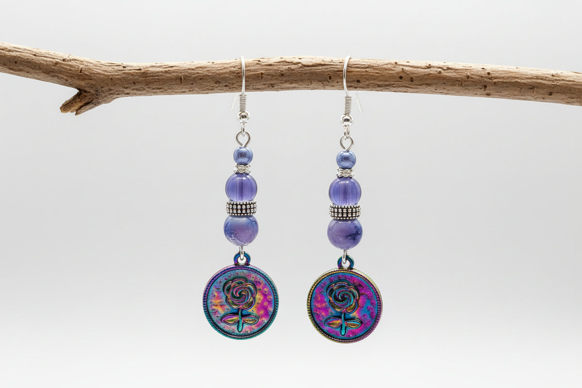 Rainbow Flower Charm Earrings - Stainless Steel Dangle Earrings with Purple Glass Beads